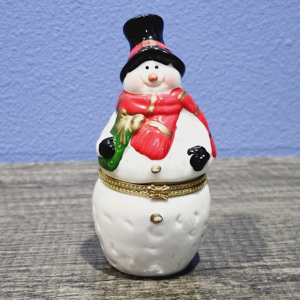 Snowman Trinket Box Jewelry Ring Gold Hinged Gift Box Christmas